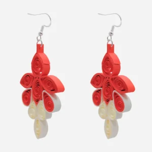 Artigianali Orecchini Pendenti Rossi Quilling Red White BLossoms Fatti a Mano Coppia